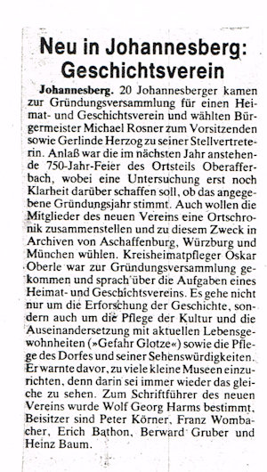 Zeitungsbericht von der Gründungsversammlung 18.10.1985